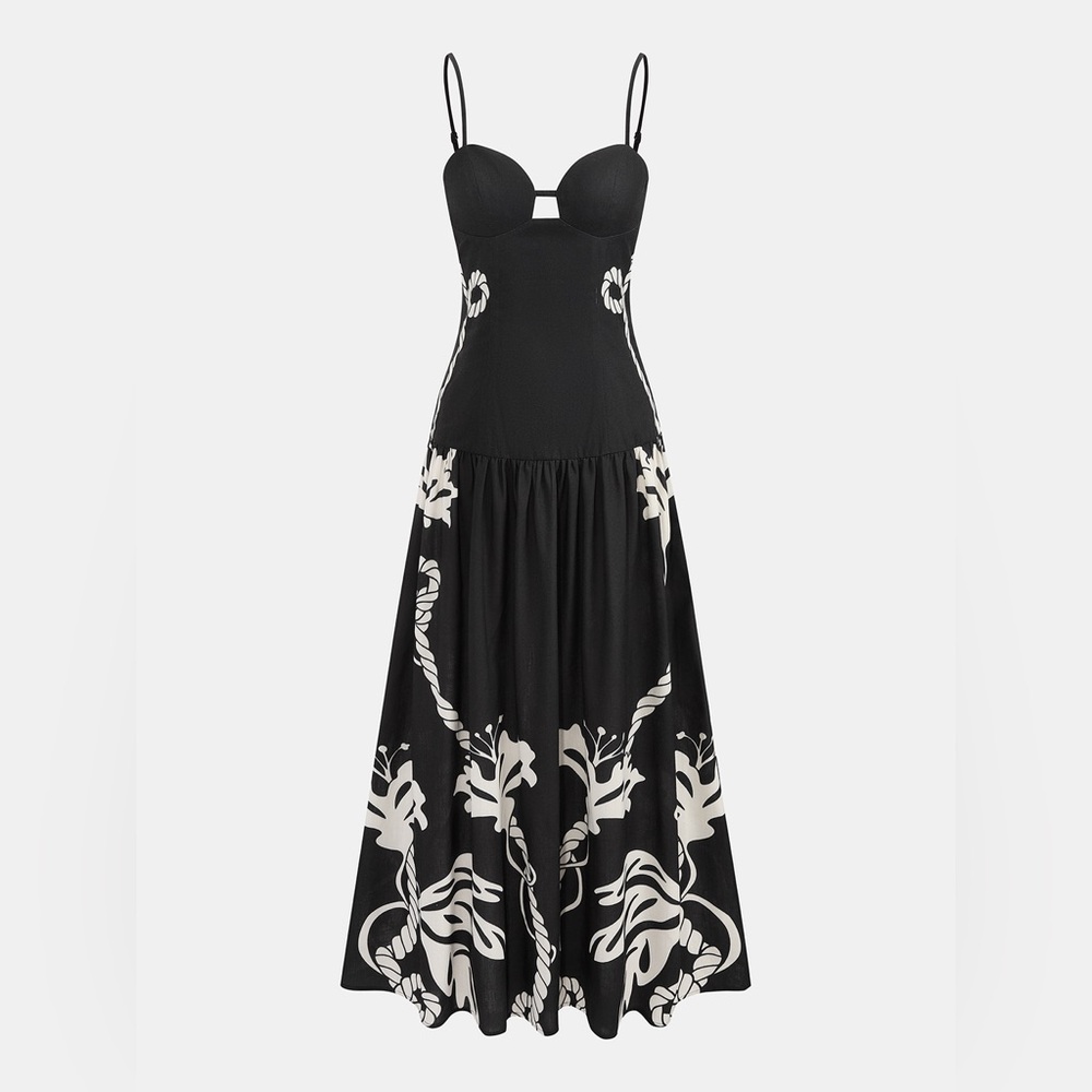 Commense Black Maxi Dress with White Floral Print